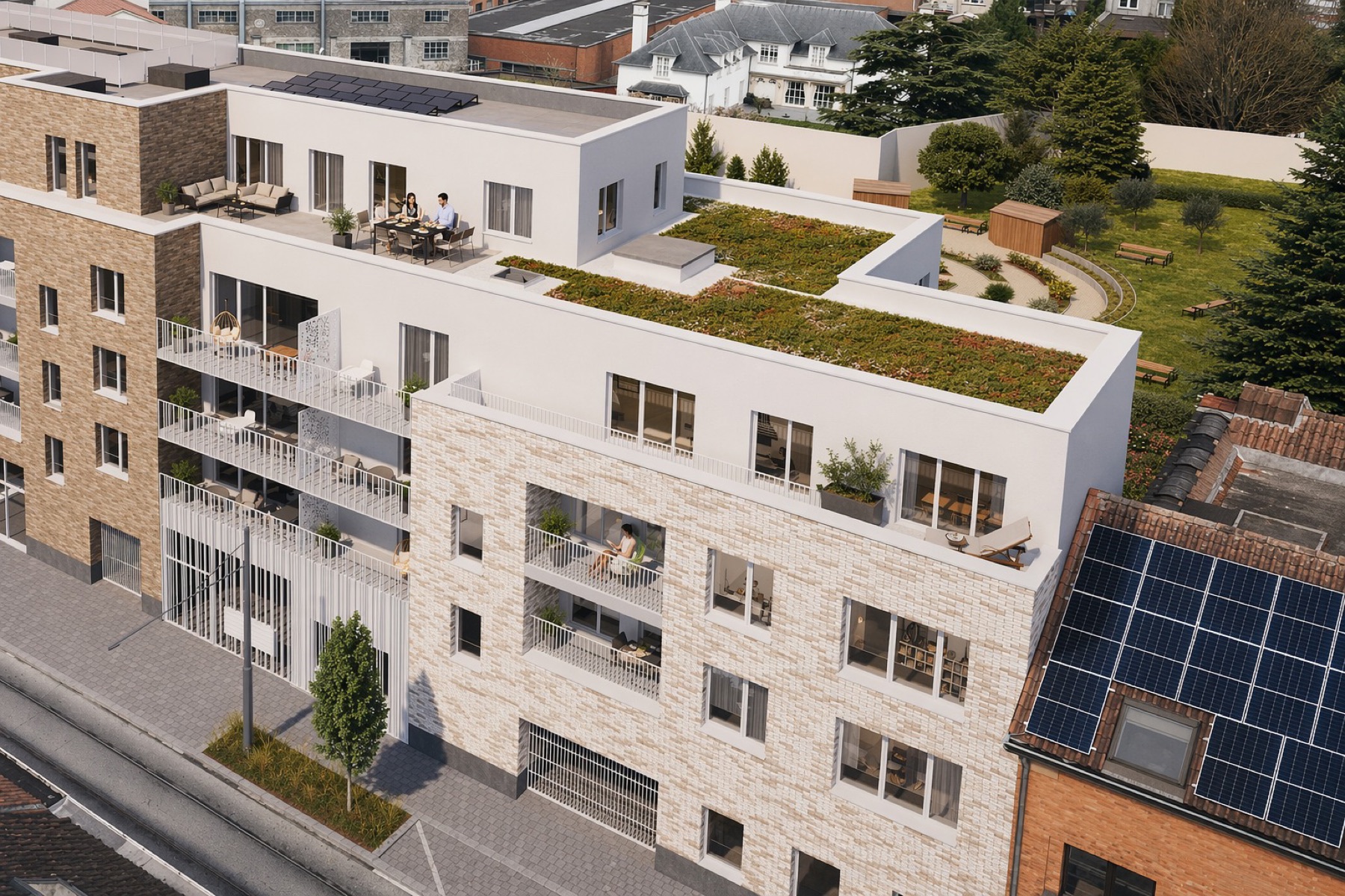 GreenForest vu d’en haut : panneaux solaires et toiture végétalisée au-dessus des logements et du jardin partagé.
