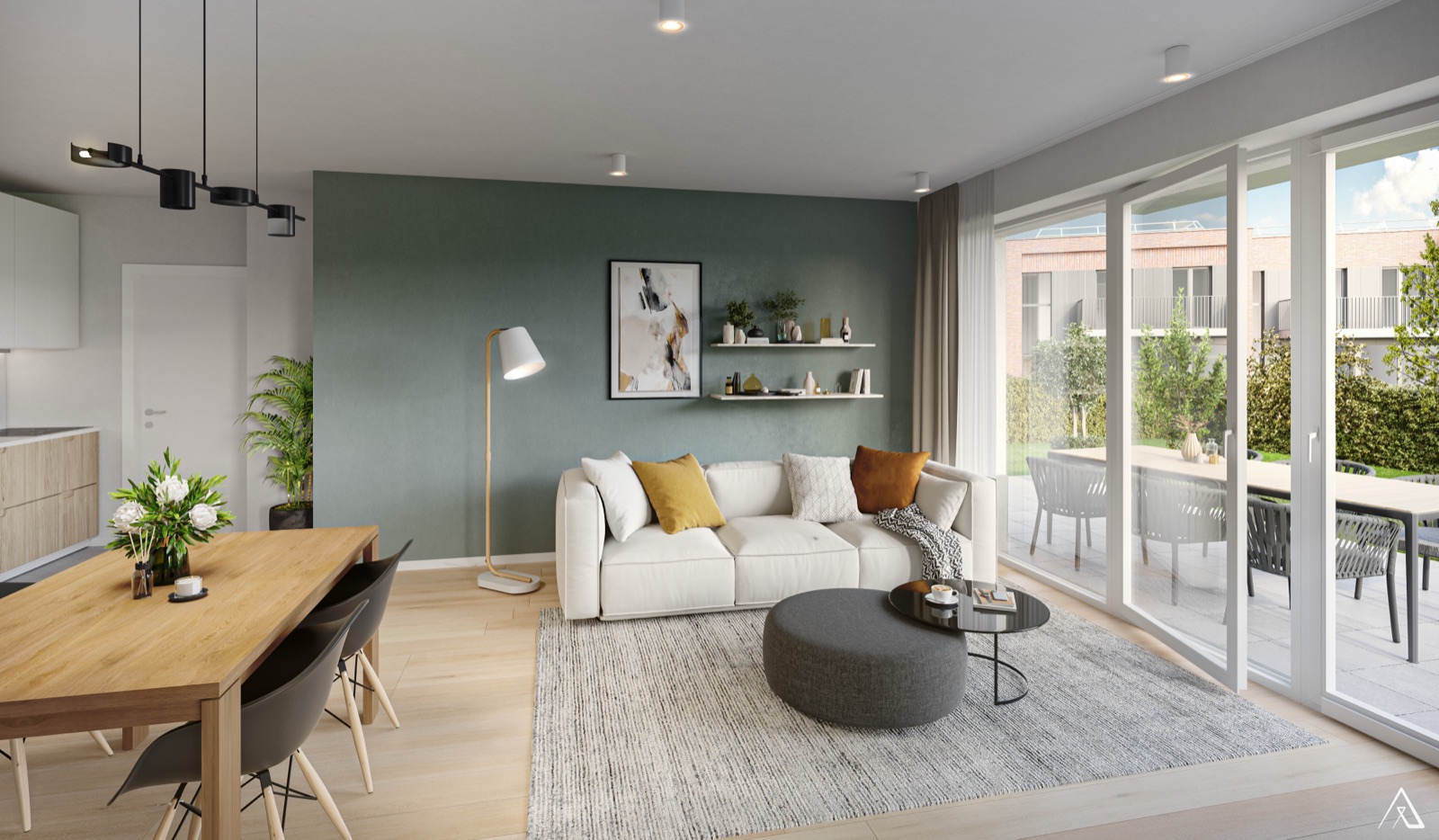 Séjour de maison avec mur vert sauge ouvrant sur une terrasse et un jardin privatifs.