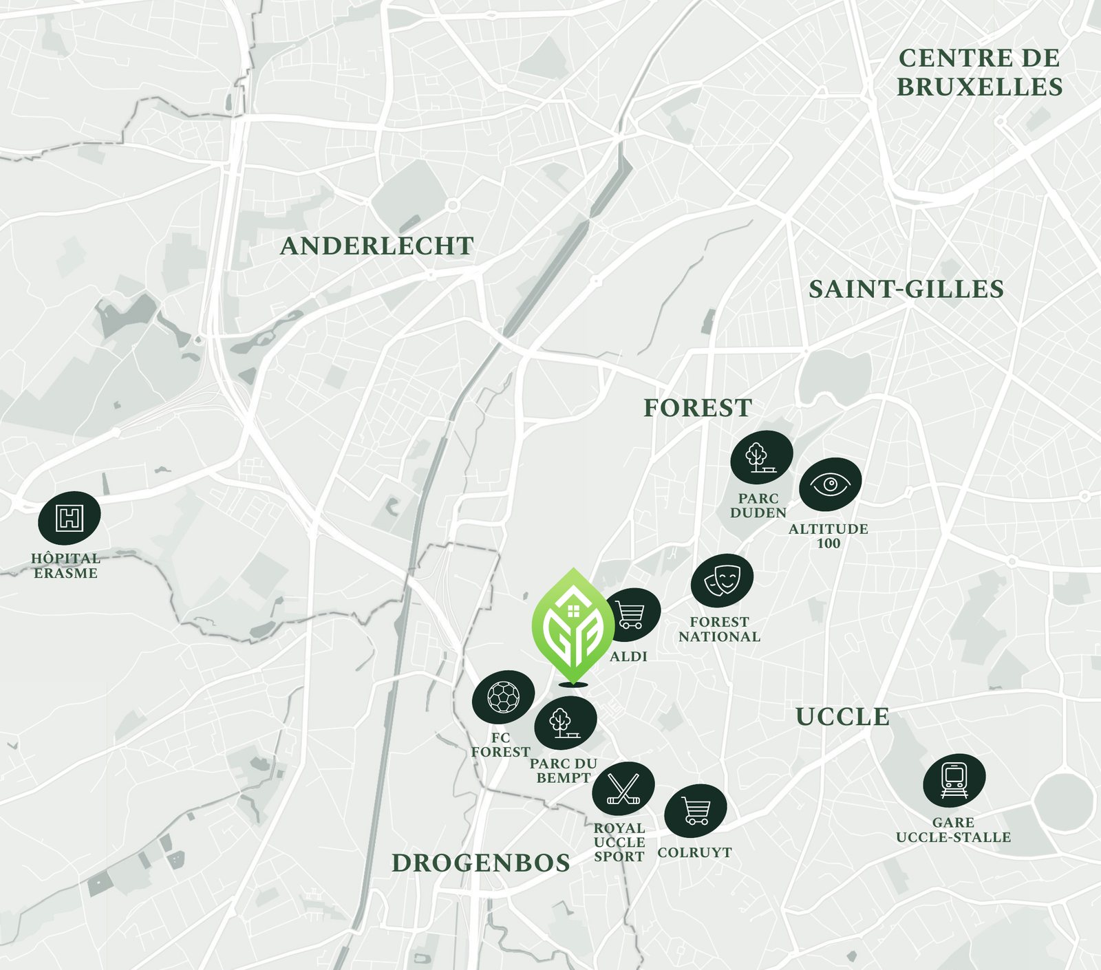 Carte de situation de GreenForest à Forest, à la limite d’Uccle : Parc du Bempt, Parc Duden, Forest National, gare d’Uccle-Stalle, commerces et écoles à proximité.