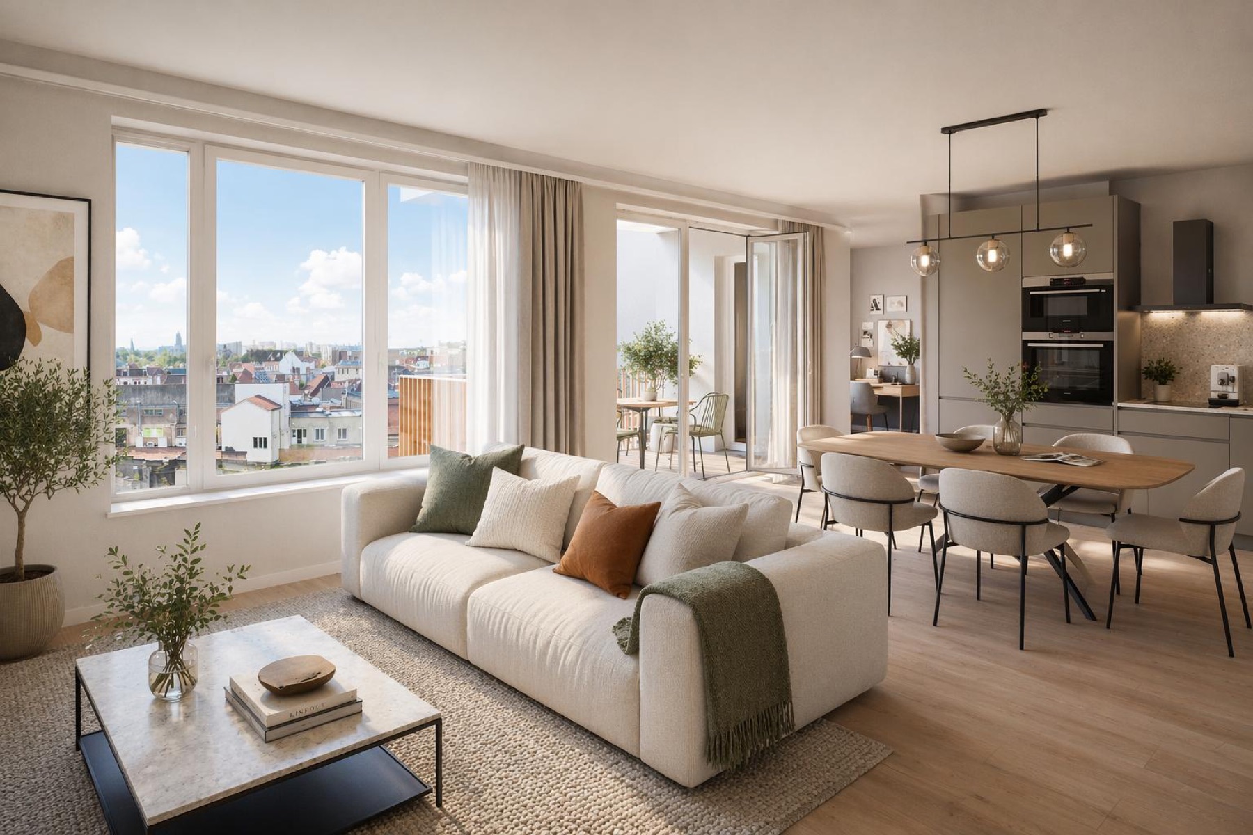 Séjour d’appartement avec terrasse et vue sur la ville.